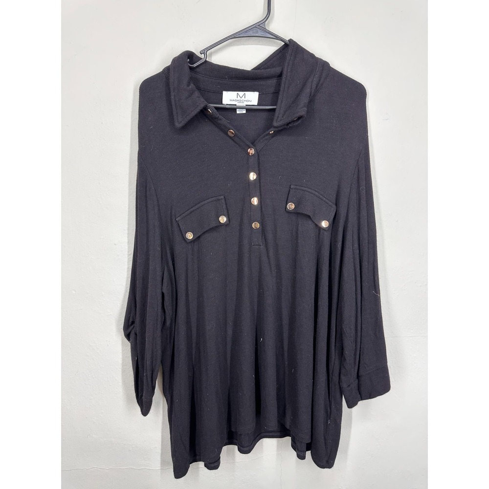 Magaschoni Shirt Top Womens 2X Black Ribbed Knit Roll Tab Sleeve Gold Buttons
